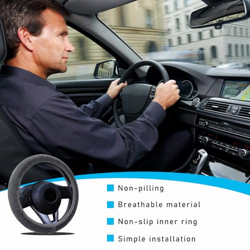 Augeny Fuzzy Car Steering Wheel Cover, Anti-Slip Soft Plush Steering Wheel Protector, 15 Inch Elastic Wheel Covers, Universal Vehicle Interior Winter Warm Accessories for Men Women (Gray)