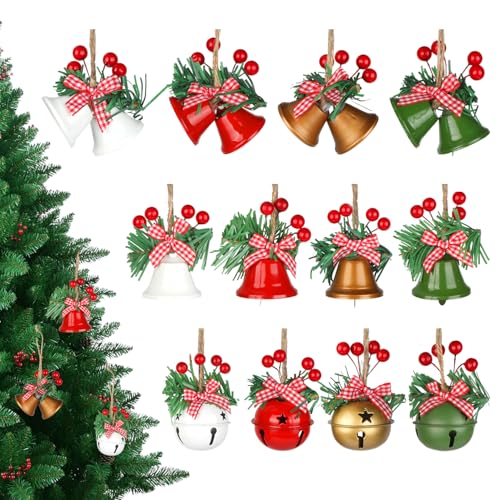 12 PCS Christmas Decorations Set - Jingle Bells & Christmas Bells, Artificial Holly Leaves with Berries, Red, Green, Gold, White, Bow Decor, Xmas Tree Decorations,Hanging Christmas Ornaments
