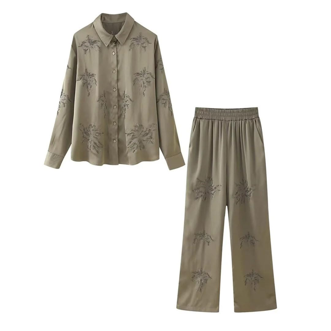 Stile delle donne Flip Collar con perline ricamato camicia, vita alta gamba dritta pantaloni Set