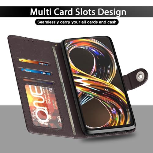 Image of Pikkme Flip Cover Leather Finish | Inside TPU with Card Pockets | Wallet Stand and Shock Proof | Complete Protection Button Flip Case for Realme Narzo 50 4G / Realme 8i 4G (Coffee)