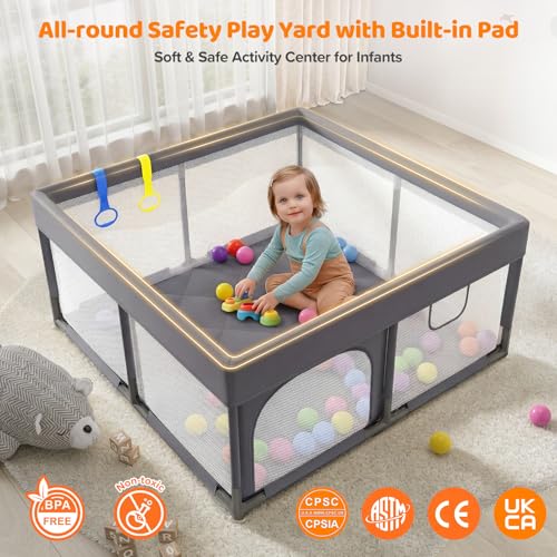 Image of Dripex Baby Playpen, 47 inchx47 inch Small Play Pen for Babies, Dark Grey | With Buildmat /Colorful Balls /Pull up Rings, Breathable Visible Mesh, Easy Setup, Indoor /Outdoor Use