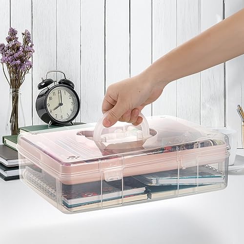 Image of Tosnail 12.8 inch x 9 inch Large 2 Tiers Plastic Craft Organizer Box Storage Container with Removable Tray, First Aid Carrying Case for Home, Office Supplies, Stationery, Sewing, Painting, Arts (Pink)