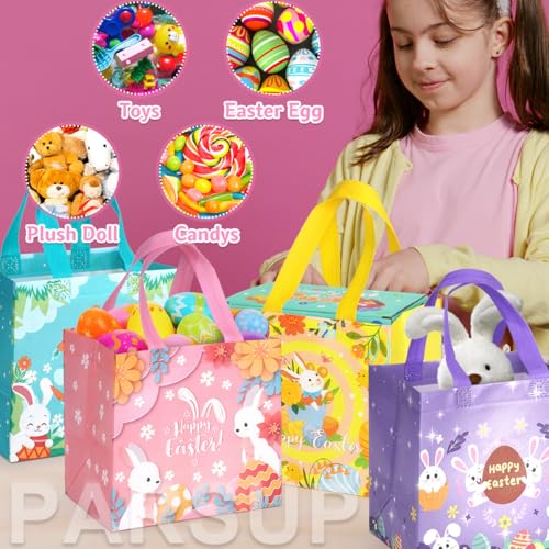 4 x Ostereiersuche Taschen mit Griffen, Häschen Karotten Küken Ei Taschen, Oster Leckerei Taschen, multifunktionale Non-Woven Ostertaschen zum Verpacken von Geschenken, Eiersuche, Partyzubehör