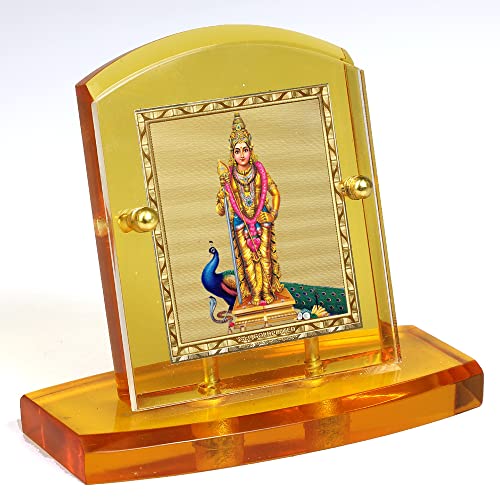 Image of Eknoor 24 Carat Gold Plated Foil on Solid 5MM Thick Acrylic Base Murugan Kartikeya Ji with Peacock God Idol with Golden Frame for Car Dashboard, Puja Ghar and Offices (Golden Frame)