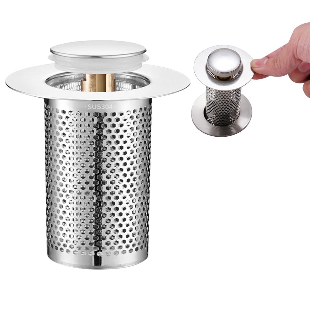 Dongker Short 1Pcs Sink Drain Strainer,Stainless Steel Removable Floor Drain Filter With Push Type Brass Rebound Core To Filter Out Hair Strainer For Bathroom Kitchen Balconies(3.3 * 5.5Cm)