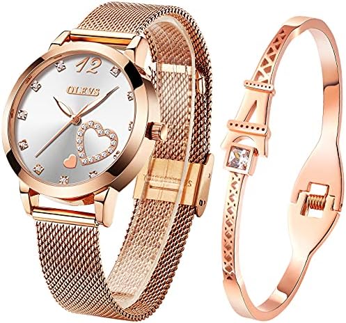 OLEVS Womens Watch Gift Set with Bracelet Rose Gold Minimalist Slim Casual Dress Analog Quartz Wrist Watches for Lady Female Waterproof Luminous with Heart Love Shape Diamonds Silver Dial Two Tone