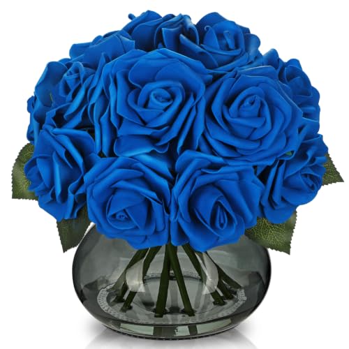 Hollyone Blue Roses Artificial Flowers in Vase Silk Fake Blue Roses Bouquet Flowers Rose Floral Arrangements with Glass Vase with Clear Faux Water for Home Bathroom Office Table Centerpiece Decoration