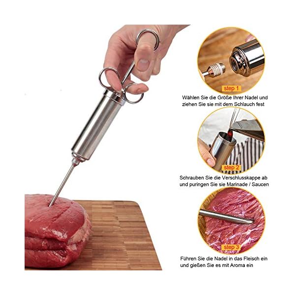 BBQ Bratenspritze Marinade Injector 60ml mit 3 Nadeln Marinadenpinsel, Edelstahl 304 Marinadenspritze Gewürzspritze… – Bild 4