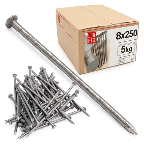 Lun Fix Chiodi in filo 8 x 250 mm - 5 kg (circa 50 pz.) Chiodi per legno per lavori di costruzione Chiodi da costruzione non zincati 250 mm di lunghezza Chiodi in acciaio a testa svasata