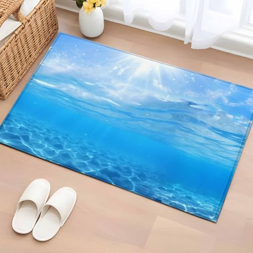 Rectangle Rug 2x3Ft, Underwater Blue Ocean Water Waves Sunshine Through Deep Sea View Soft Non-Slip Washable Felt Carpet Pad, Seascape Area Rugs for Living Room Bedroom Kids Room