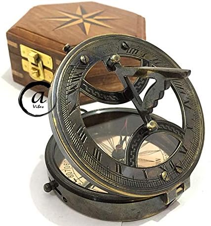 AV Brass Sundial Compass with Wooden Box Nautical Sailor Navigation Gift