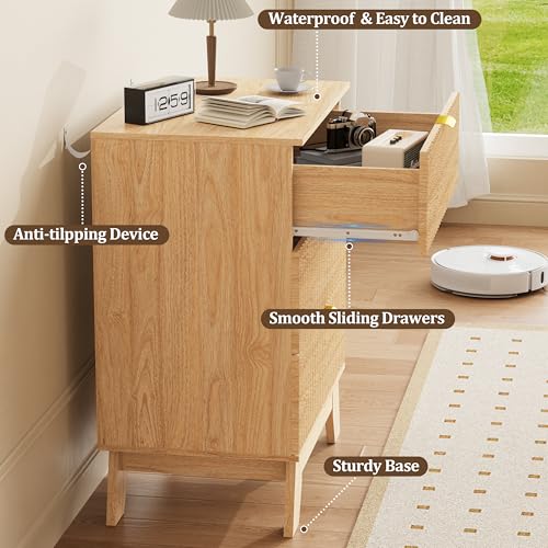 Image of Fluted Nightstand with 3 Large Drawers, Wooden Side End Table with Elevated Legs for Easy Cleaning, Sturdy Modern Beside Table for Small Space, Bedroom, Oak, 24 inch L