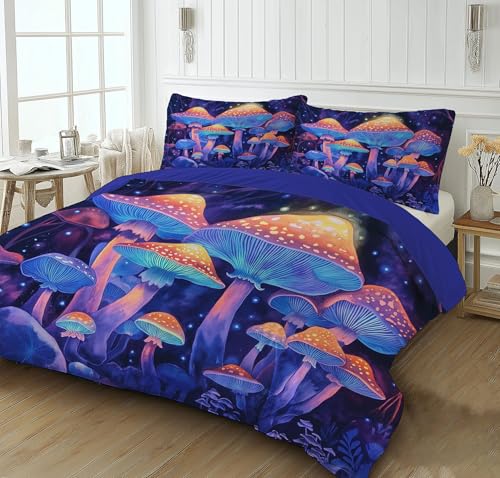 Hongo Amarillo Juego Ropa Cama 3 Piezas,Funda Nórdica Microfibra,Compuesto por Funda Nórdica 220 X 240 Cm + Fundas Almohada 80X80Cm,Plantas Mágicas Reversible Juego Ropa Cama