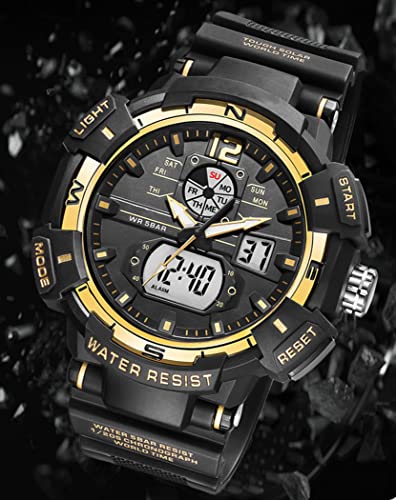 FANMIS Mens Analog Digital Sports Watch Large Face Outdoor Sports Waterproof Military Wrist Watches with Date Multifunction Tactics LED Army Stopwatch (Gold)