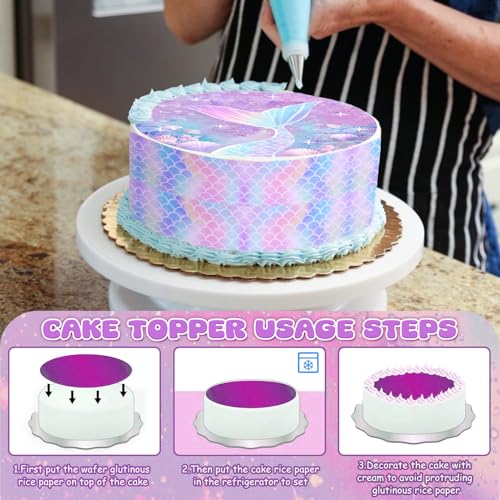 Tortenaufleger Meerjungfrau,1 Stück Essbare Kuchendeko Ø 20 cm+4 Stück Tortenband Essbar 24cm x 5cm,Meerjungfrau Tortendeko für Mädchengeburtstag,Tortenbild Meer Thema Party