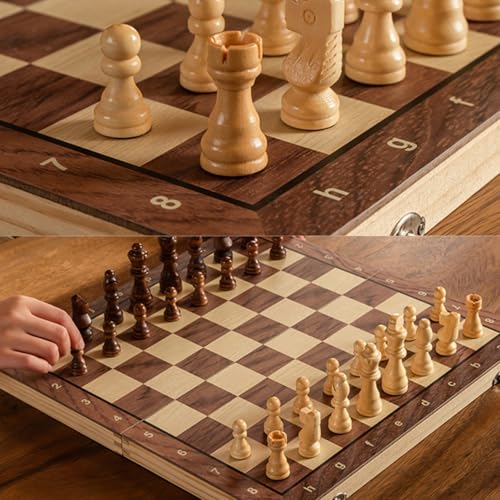 Jogo de Xadrez Dama em Madeira Tabuleiro Dobrável Portátil Estilo Clássico Educativo Completo 3 em 1