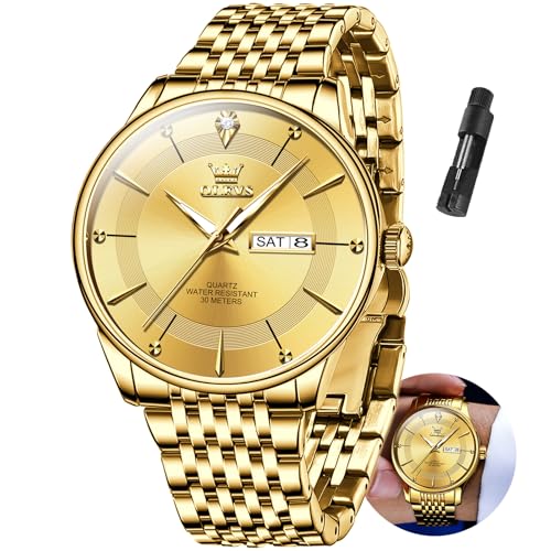OLEVS Mens Gold Watches Classic Gold Watches for Men Stainless Steel Gold Mens Watches with Date Diamond Luxury Watches for Men Waterproof Watches Simple Big Face Mens Watches Relojes para Hombre