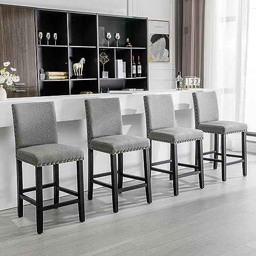 DAGONHIL 24'' Bar Stools Set of 4, Counter Height Bar Stools with Backs, Nail Head Barstools with Wood Legs, Upholstered Kitchen Island Chairs, Gray