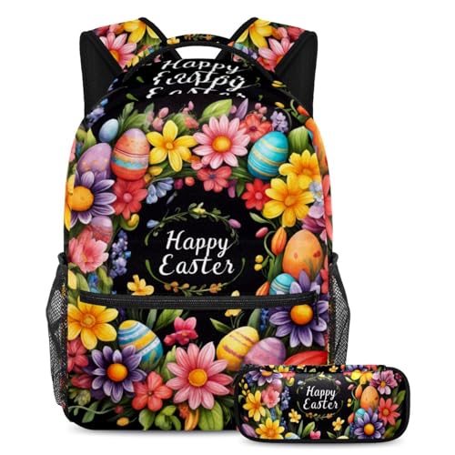 Lot de 2 sacs d'école couronne de Pâques noire et multicolore pour étudiants
