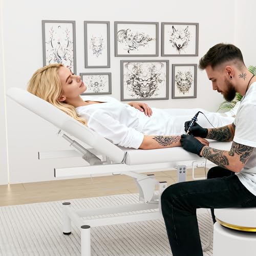 Image of Dolonm 2 Motors Electric Massage Table, Hydraulic Electric Lift Adjustable Backrest and Height Lifting for Treatment, Physical Therapy, Spinal Massage, Facial Spa, Waxing, Tattooing - White