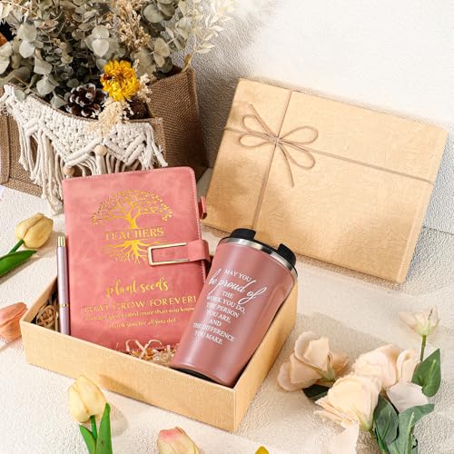 Pickmesh 3 Pcs/1 Set Christmas Teacher Gift Set 17 oz Coffee Tumbler A5 Leather Journal with Pen Teacher Appreciation Gift Thank You Favor for Male Female Educator Boss Birthday Retirement (Pink)
