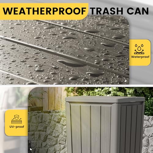LHBGO Outdoor Trash Can with Lid, Waterproof Resin Garbage Can with Tiered Lid, Outside Trash Bin for Patio, Kitchen, Backyard or Deck