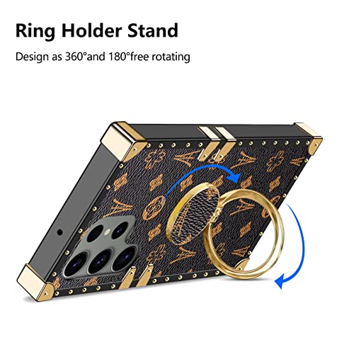 Wollony Galaxy S23 Ultra Square Leather Case, Luxury Retro Kickstand With Metal Edges, Shockproof Protective Cover - 6.8" Brown #TOP3