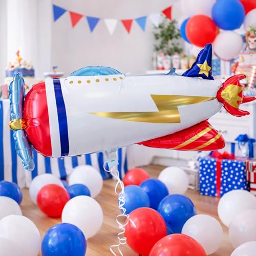 Image of Rozi Decoration Airplane Shape Foil Balloon for Kids Birthday Decoration, Flying Plane Theme Party Balloon for Baby Shower, Travel Theme Celebration and Home Party Backdrop Decoration Pack of 1 Pcs