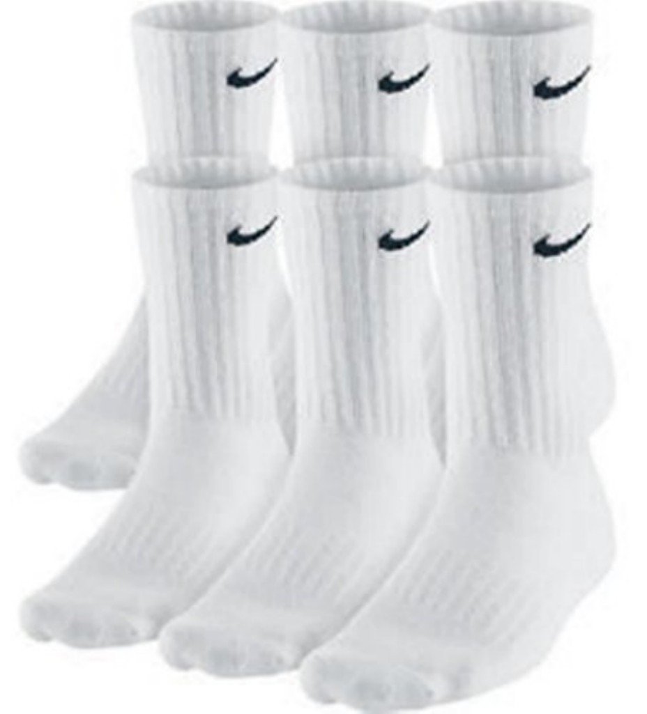 NIKE Dri-Fit Classic Cushioned Crew Socks 6 PAIR White with Black Swoosh Logo LARGE 8-12