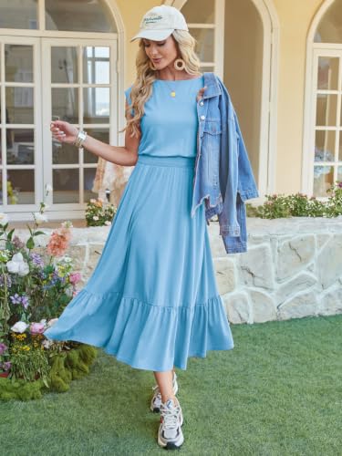 Image of Kikibell Womens Summer Dresses Cap Sleeve Elastic Waist Midi Dress with Pocket Long Causal Sundress Beach Vacation Outfits