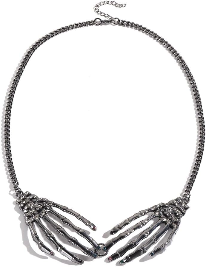 PLOUTOS Gothic Skeleton Hand Necklace For Women Black Tone Bone Hands Pendant Punk Statement Choker V-Shaped Clasp Adjustable Chain Costume Jewelry For Women