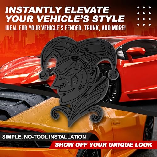 Image of Joker Emblem 3D Jester Badge - Custom Car Decal Sticker for Car, Truck, SUV - Durable Exterior Trunk, Hood, Fender (Set of 2) (Matte Black)