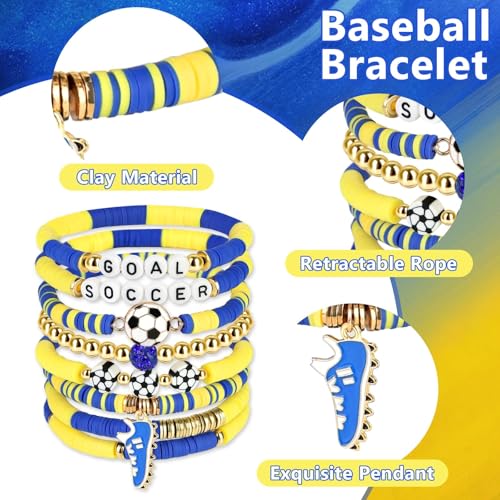 image for AKAIXI Soccer Beaded Bracelets, Blue Yellow and White Clay Friendship 