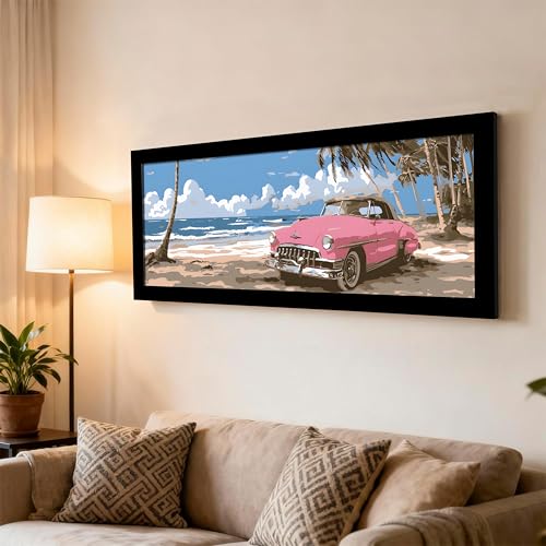 Image of PAINTINGMANTRA Summer Beach View with Vintage Pink Car Wall Art Framed Luxury Paintings for Home Decoration, Living room, Bedroom and Office Decoration (99x38 CM)