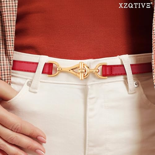 XZQTIVE Leather Skinny Belt for Women Adjustable Thin Waist Belt Gold Buckle for Dresses Coats Jeans3