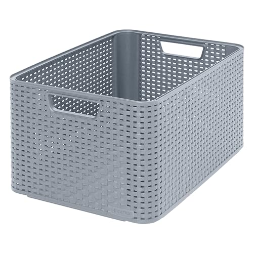 Curver Caja de almacenaje Style L, 43,6 x 32,6 x 23 cm, plástico, aspecto de ratán, con asas, color gris claro