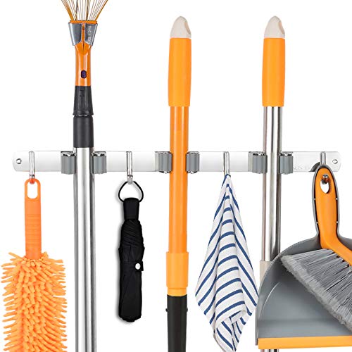 Tongtai Broom and Mop Holder Stainless Steel Wall Mounted,Metal Mop Broom Holder Organizer Storage Rack Wall Mount, Cleaning Tool Holder Organizer with 3 Clips 4 Hooks