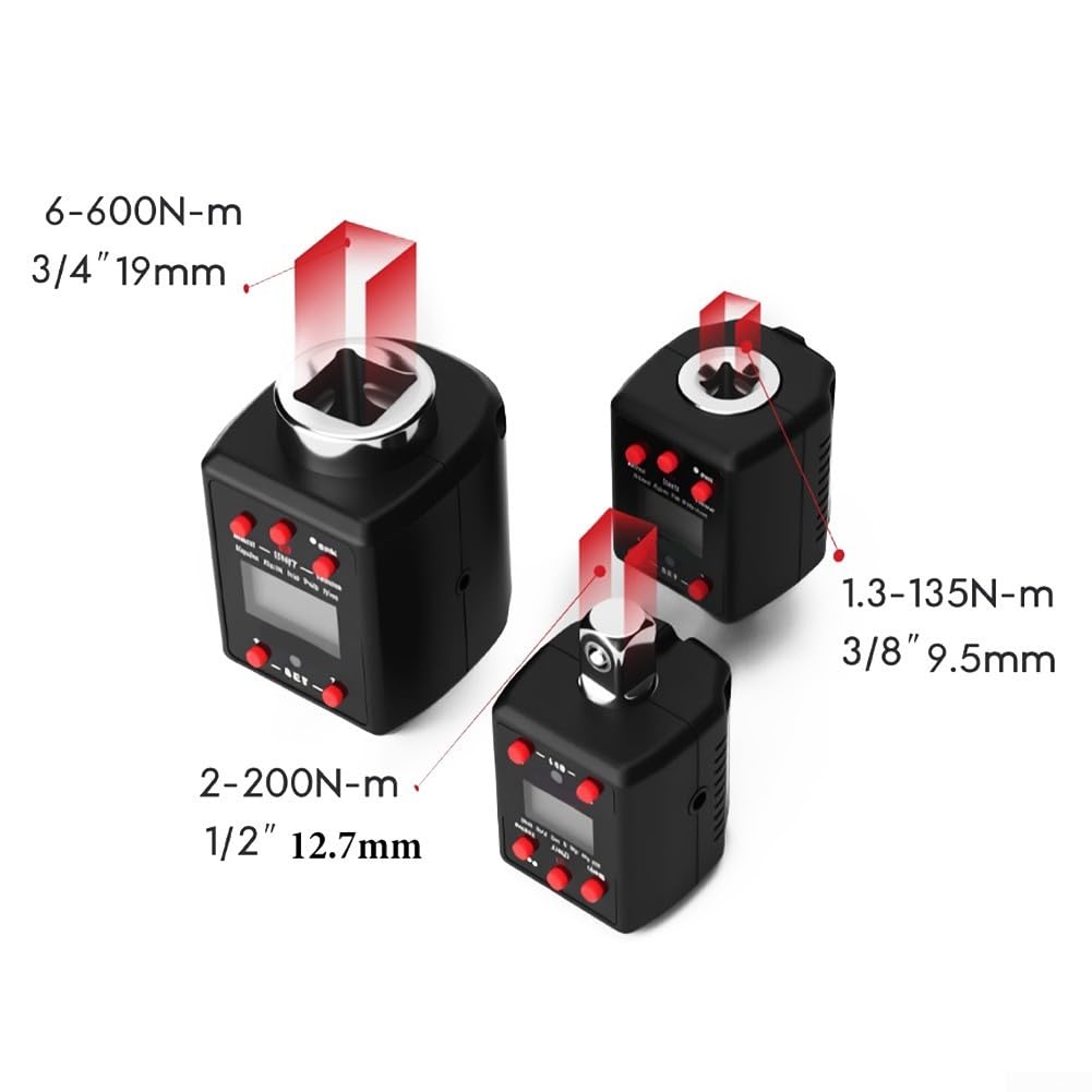 Adattatore dinamometrico digitale per utensili a cricchetto, campo di misurazione 0,3 – 600 Nm, compatibilità più dimensioni, avvertenze acustiche, display LED, modalità di punta e traccia (19 mm)