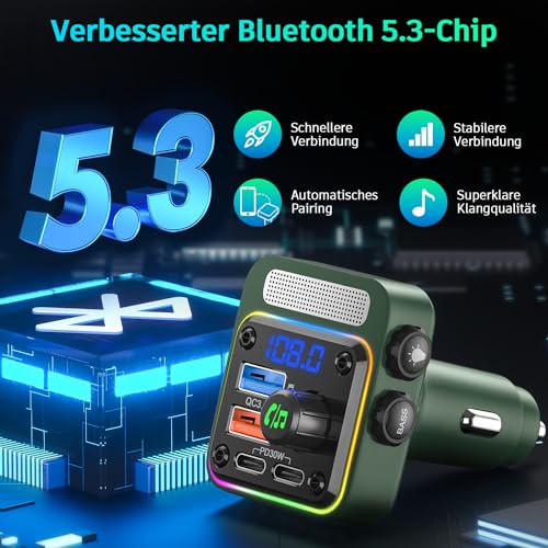 SONRU FM Transmitter Auto Bluetooth 5.3 Adapter Auto, Bass & HiFi Stereo Freisprechanlage für Auto...