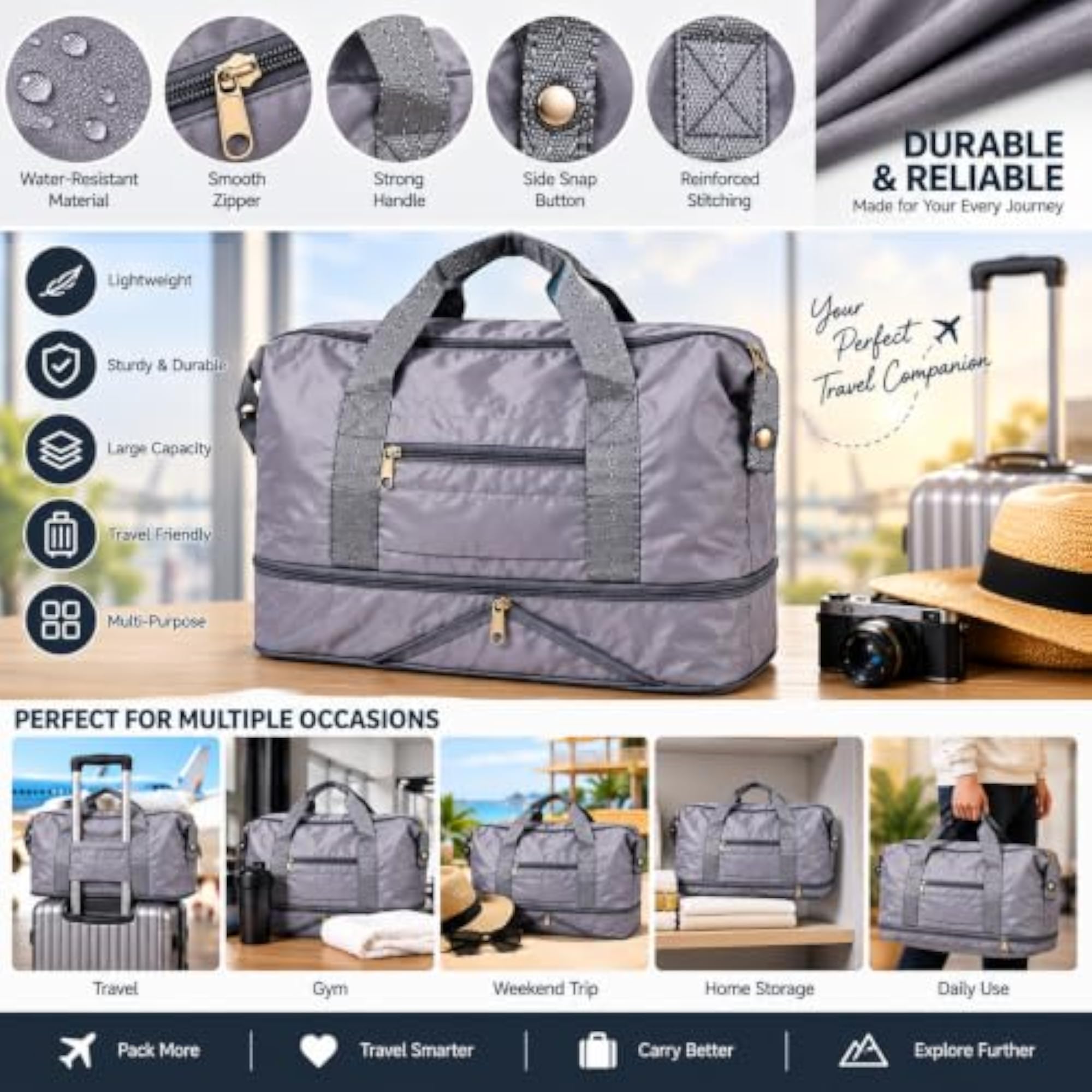 Foldable Expandable Duffel Bag with Bottom Shoe Compartment