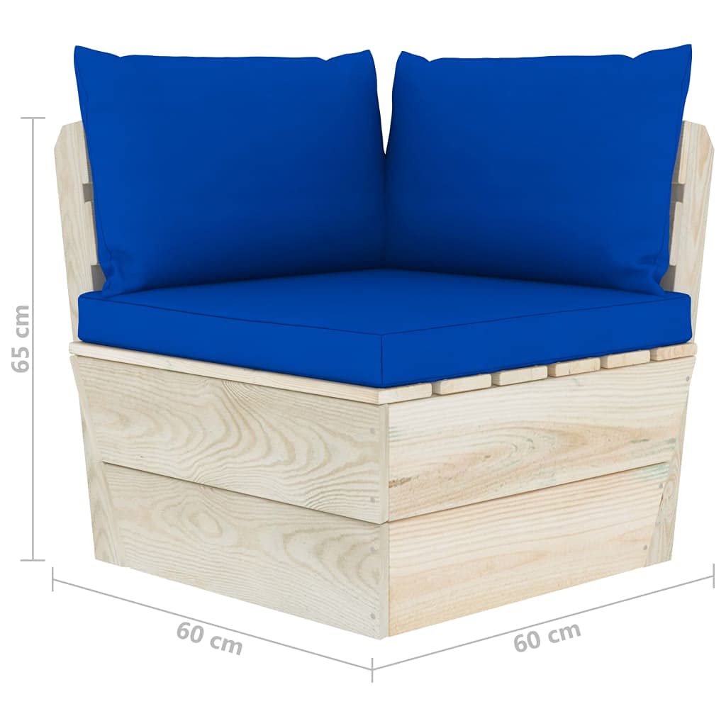 Divano angolare da giardino in legno di abete impregnato con cuscini blu 60x60x65 cm, set modulare componibile per patio, terrazzo, veranda, salotto esterno, seduta lounge relax