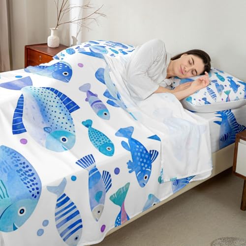 Image of jejeloiu Cartoon Fish Bed Sheets Sets Full Size Kids Boys Girls Marine Theme Bedding Set Ocean Sea Animal Bed Sheet Set with 16-Inch Deep Pockets Blue White 4Pcs with 2 Pillow Cases