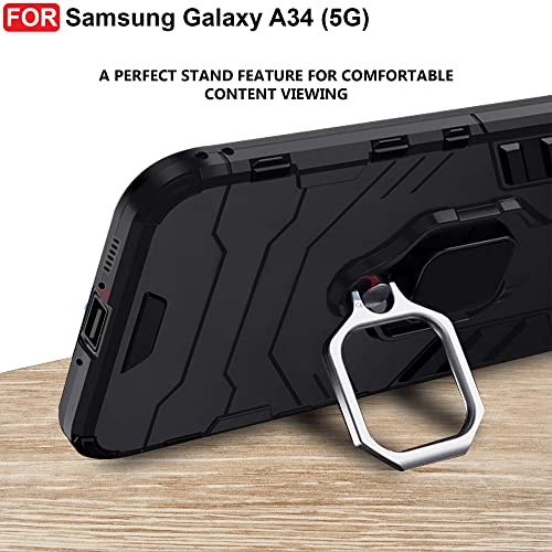 Image of CEDO Kickstand Cover for Samsung Galaxy A34 (5G) Rugged Case | Built-in Stand Rotating Ring Holder | Military Grade Armor Bumper Back Cover (Black)