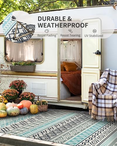 Outdoor Rug-Patio Rug Waterproof 5x8 ft Outdoor Carpet Boho Reversible RV Camping Rug Mat for Camper Balcony Backyard Picnic Deck Rug Portable Blue-Colorful - 2