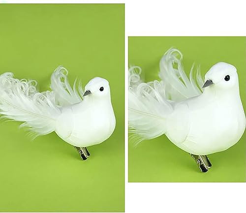 Miniatura 4 de 12 palomas blancas artificiales con clips de metal, paloma de Navidad con clip en adornos de árbol con plumas largas, adornos de palomas blancas