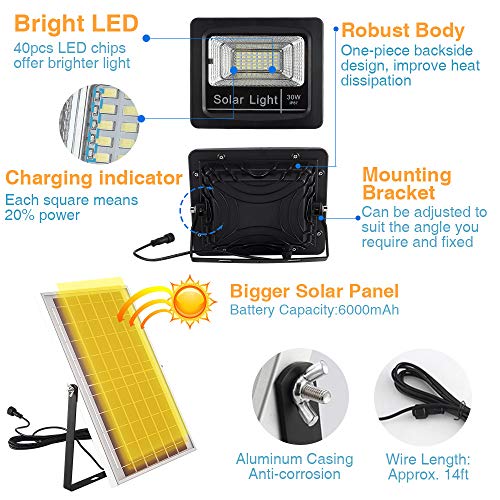 Yorklen 30W LED Solar Flood Lights Outdoor, Dusk to Dawn Solar Powered Street Light with Remote Control, 800 Lumen, IP67 Waterproof, for Yard, Garden, Garage, Pathway, Barn, Street (Cool White)