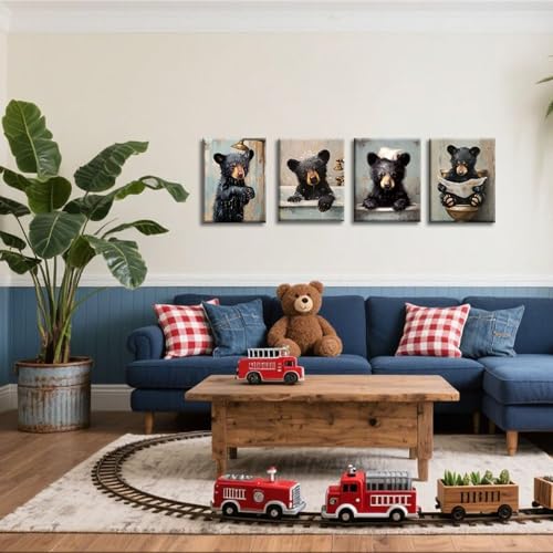 Image of Frimeeme Framed Funny Bear Bathroom Canvas Wall Art, Set 4, 8x10 Inches