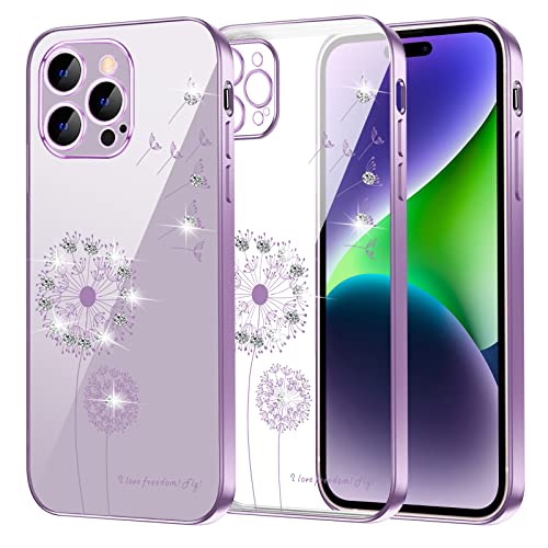 Croazhi Coque de Protection pour iPhone 14 Pro, Diamant Cristal Transparente Fine Silicone Motif Floral, Apple Case Cover pour iPhone 14 Pro Violet Cover