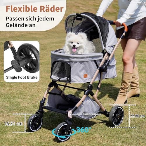 EchoSmile Ein-Knopf-Falt Hundewagen, Hundebuggy bis 20kg für kleine mittel Hunde & Katzen, Hunde Buggy & Katzenwagen mit Umkehrbarer Griff, Stoßdämpfung & Abnehmbares Waschbares Pad (Grau)
