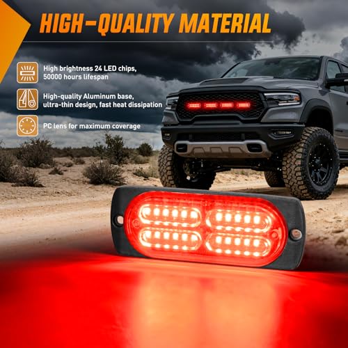 Image of Nilight 4PCS 24LED Red Strobe Light 12V /24V Grille Surface Mount | Hazard Safety Warning Light with Sync Feature for Car Truck Camper Side Marker Aluminum Alloy Base Emergency Lights